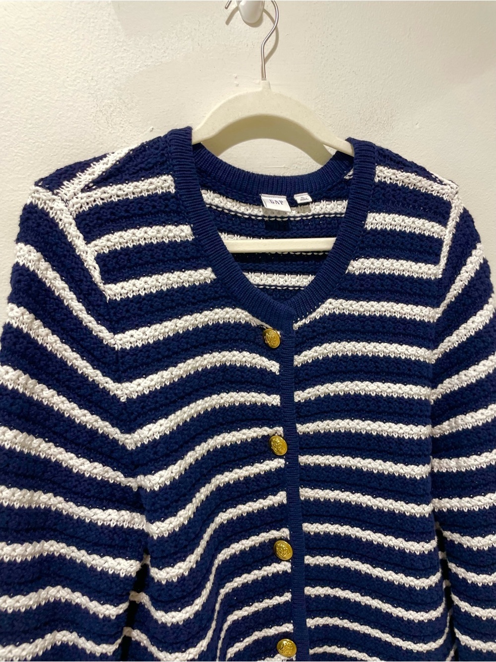 Gap Chunky Cardigan Sweater Navy White Striped Gold Buttons Fisherman Size XL - Picture 3 of 7